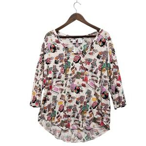 Nicole Miller Womens 100% Linen V-neck Top Plus Size 1X Beachy‎ Print Resort 3/4